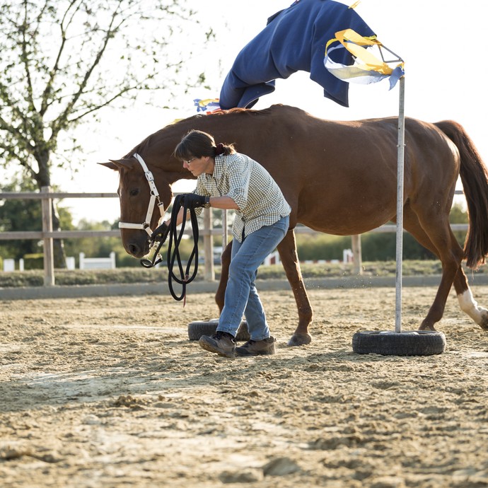 Eine Frau geht in gebückter Haltung neben einem Pferd unter einem Torbogen hindurch. Über dem Bogen wehen eine blaue Decke und Flatterband im Wind. (vergrößerte Bildansicht wird geöffnet)