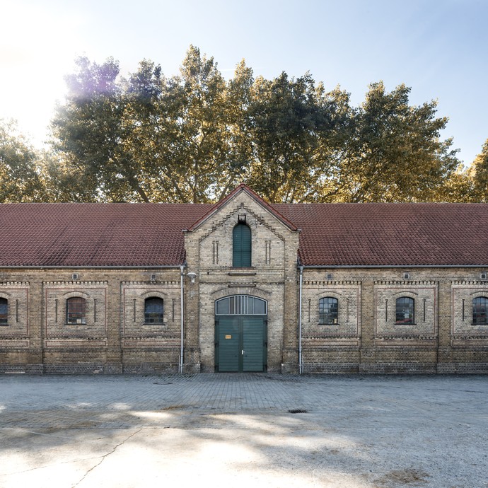 Seitenansicht eines Stallgebäudes mit rotem Ziegeldach. Die Sonne scheint durch Baumkronen und taucht die Szene in goldenes Licht. (vergrößerte Bildansicht wird geöffnet)