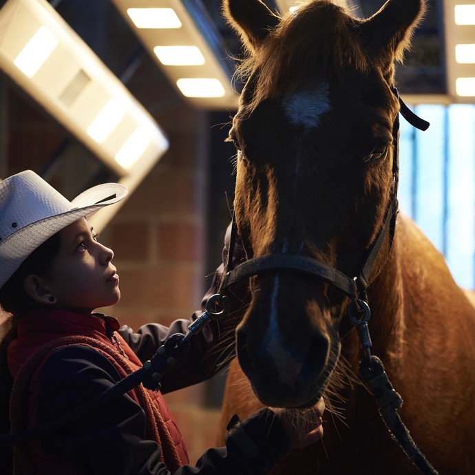 Ein Mädchen mit weißem Cowboyhut streichelt ein braunes Pferd. Sie stehen unter Wärmelampen. (vergrößerte Bildansicht wird geöffnet)