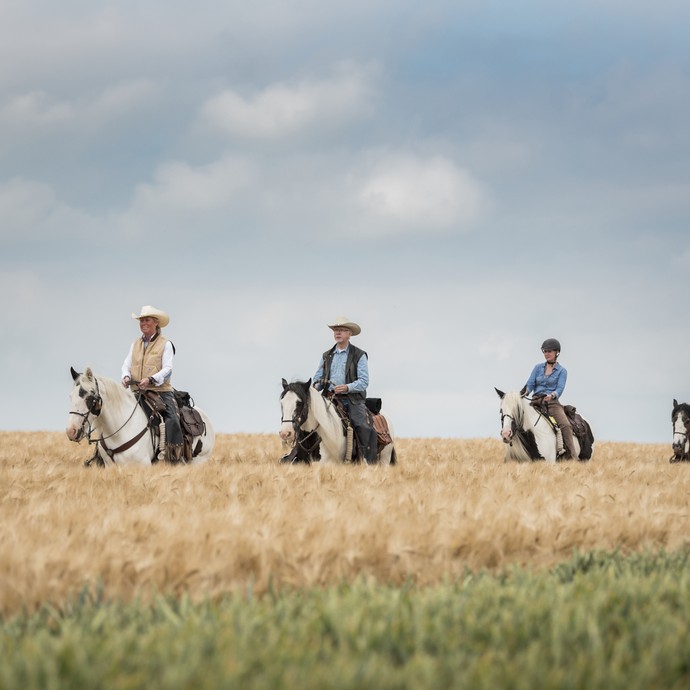 Vier Personen reiten hintereinander durch ein reifes Kornfeld. (vergrößerte Bildansicht wird geöffnet)
