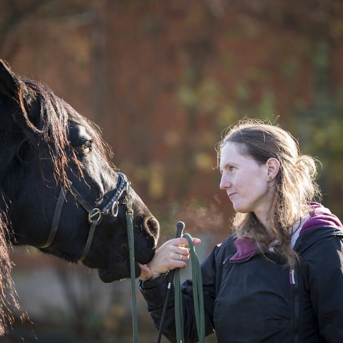 Ein schwarzes Pferd mit langer Mähne leckt einer Frau über den Handrücken. DieFrau steht ihm gegenüber und lächelt. In der Hand hält sie eine Gerte. (öffnet vergrößerte Bildansicht)