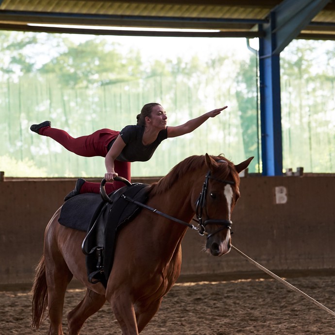Eine junge Frau kniet auf dem Rücken eines Pferdes und streckt je einen Arm und ein Bein aus. Das Pferd ist in Bewegung. (öffnet vergrößerte Bildansicht)